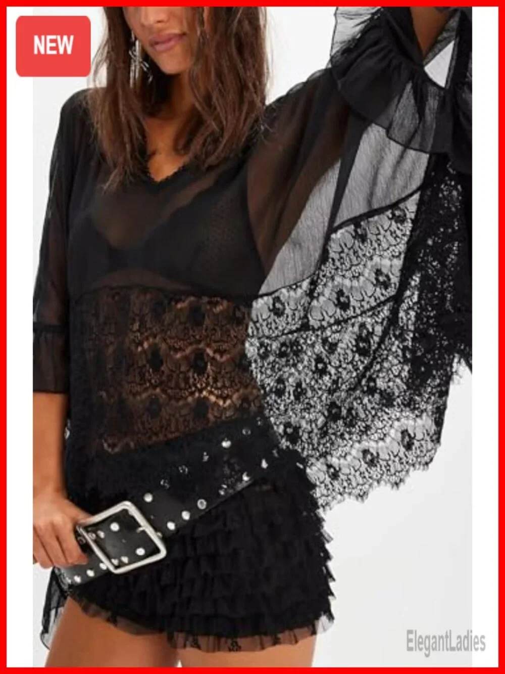 Sheer Mesh Poncho Top Batwing Sleeve Loose Fit Cover-up Lace Blouse Y2K
